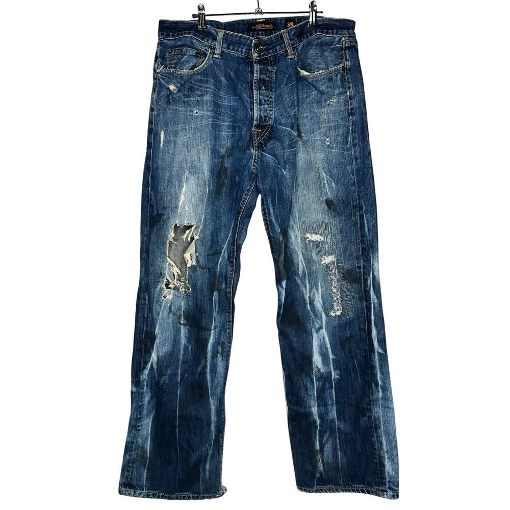 Ed Hardy Vintage Y2K Distressed Acid Wash Jean Embroidered Size 38 x 34 Cotton